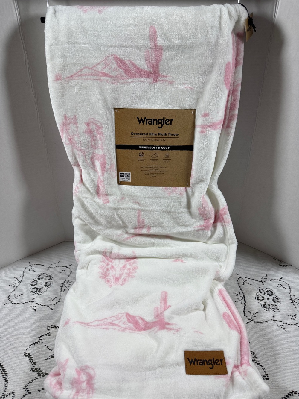 Wrangler Oversized Ultra Plush Throw Blanket White w/ Pink Cowgirl Horse Desert